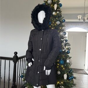 Michael Kors Black Puffer Coat with Fur Trim